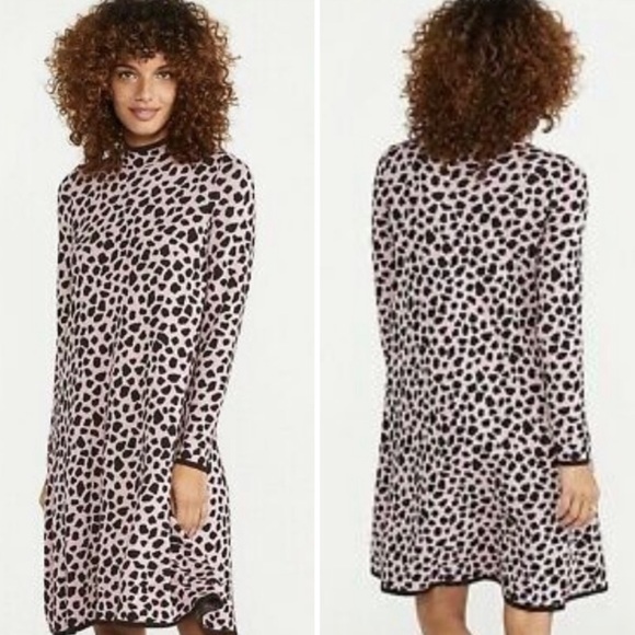 Animal Print Ann Taylor Dress Sweater Mock Neck Knee Length Pink XS Dress New - Picture 1 of 12